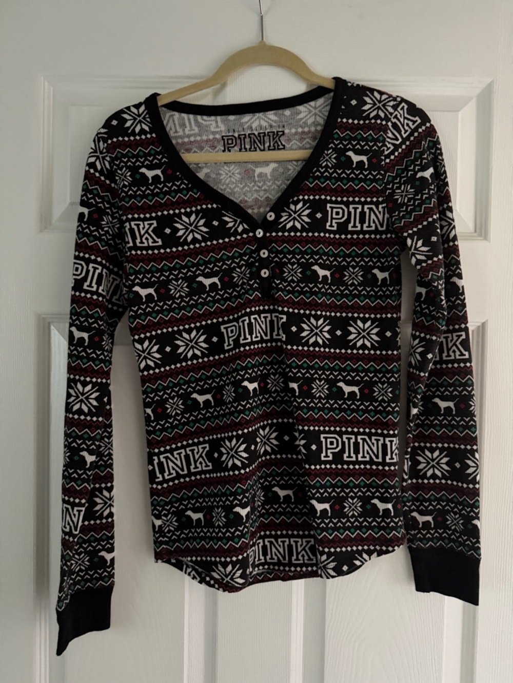 PINK Victoria's Secret Gray and Black Fair Isle Henley